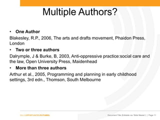 Document Title (Editable via ‗Slide Master‘) | Page 11
Multiple Authors?
• One Author
Blakesley, R.P., 2006, The arts and drafts movement, Phaidon Press,
London
• Two or three authors
Dalrymple, J & Burke, B, 2003, Anti-oppressive practice:social care and
the law, Open University Press, Maidenhead
• More than three authors
Arthur et al., 2005, Programming and planning in early childhood
settings, 3rd edn., Thomson, South Melbourne
 