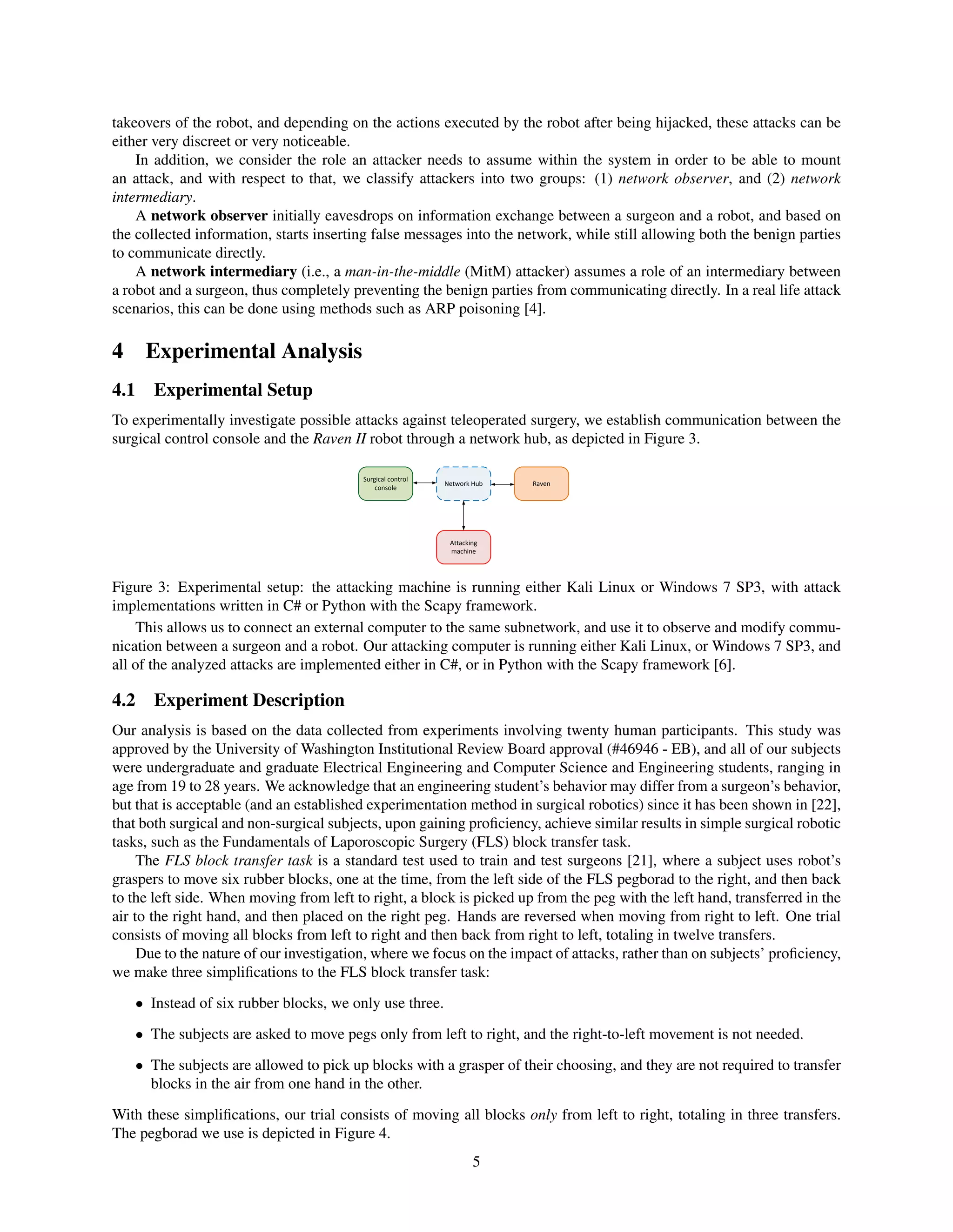 takeovers of the robot, and depending on the actions executed by the robot after being hijacked, these attacks can be
either very discreet or very noticeable.
In addition, we consider the role an attacker needs to assume within the system in order to be able to mount
an attack, and with respect to that, we classify attackers into two groups: (1) network observer, and (2) network
intermediary.
A network observer initially eavesdrops on information exchange between a surgeon and a robot, and based on
the collected information, starts inserting false messages into the network, while still allowing both the benign parties
to communicate directly.
A network intermediary (i.e., a man-in-the-middle (MitM) attacker) assumes a role of an intermediary between
a robot and a surgeon, thus completely preventing the benign parties from communicating directly. In a real life attack
scenarios, this can be done using methods such as ARP poisoning [4].
4 Experimental Analysis
4.1 Experimental Setup
To experimentally investigate possible attacks against teleoperated surgery, we establish communication between the
surgical control console and the Raven II robot through a network hub, as depicted in Figure 3.
Network Hub Raven
Surgical control
console
Attacking
machine
Figure 3: Experimental setup: the attacking machine is running either Kali Linux or Windows 7 SP3, with attack
implementations written in C# or Python with the Scapy framework.
This allows us to connect an external computer to the same subnetwork, and use it to observe and modify commu-
nication between a surgeon and a robot. Our attacking computer is running either Kali Linux, or Windows 7 SP3, and
all of the analyzed attacks are implemented either in C#, or in Python with the Scapy framework [6].
4.2 Experiment Description
Our analysis is based on the data collected from experiments involving twenty human participants. This study was
approved by the University of Washington Institutional Review Board approval (#46946 - EB), and all of our subjects
were undergraduate and graduate Electrical Engineering and Computer Science and Engineering students, ranging in
age from 19 to 28 years. We acknowledge that an engineering student’s behavior may differ from a surgeon’s behavior,
but that is acceptable (and an established experimentation method in surgical robotics) since it has been shown in [22],
that both surgical and non-surgical subjects, upon gaining proﬁciency, achieve similar results in simple surgical robotic
tasks, such as the Fundamentals of Laporoscopic Surgery (FLS) block transfer task.
The FLS block transfer task is a standard test used to train and test surgeons [21], where a subject uses robot’s
graspers to move six rubber blocks, one at the time, from the left side of the FLS pegborad to the right, and then back
to the left side. When moving from left to right, a block is picked up from the peg with the left hand, transferred in the
air to the right hand, and then placed on the right peg. Hands are reversed when moving from right to left. One trial
consists of moving all blocks from left to right and then back from right to left, totaling in twelve transfers.
Due to the nature of our investigation, where we focus on the impact of attacks, rather than on subjects’ proﬁciency,
we make three simpliﬁcations to the FLS block transfer task:
• Instead of six rubber blocks, we only use three.
• The subjects are asked to move pegs only from left to right, and the right-to-left movement is not needed.
• The subjects are allowed to pick up blocks with a grasper of their choosing, and they are not required to transfer
blocks in the air from one hand in the other.
With these simpliﬁcations, our trial consists of moving all blocks only from left to right, totaling in three transfers.
The pegborad we use is depicted in Figure 4.
5
 