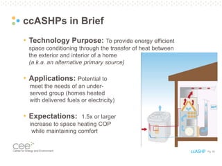 Pg. 50
ccASHPs in Brief
• Technology Purpose: To provide energy efficient
space conditioning through the transfer of heat between
the exterior and interior of a home
(a.k.a. an alternative primary source)
• Applications: Potential to
meet the needs of an under-
served group (homes heated
with delivered fuels or electricity)
• Expectations: 1.5x or larger
increase to space heating COP
while maintaining comfort
ccASHP
 