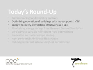 Today’s Round-Up
• Commissioning for daylighting controls
• Optimizing operation of buildings with indoor pools | CEE
• Energy Recovery Ventilation effectiveness | CEE
• Maximizing energy savings from Demand Control Ventilation
• Cold-Climate Variable Refrigerant Flow optimization
• Innovative aerosol envelope sealing
• Next generation Air Source Heat Pumps
• Hybrid geothermal achieves highest performance
 