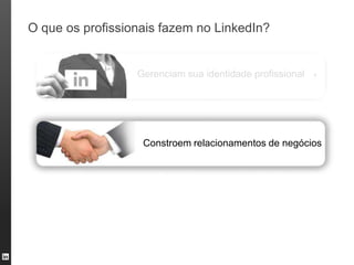 O que os profissionais fazem no LinkedIn?


                  Gerenciam sua identidade profissional




                   Constroem relacionamentos de negócios
 