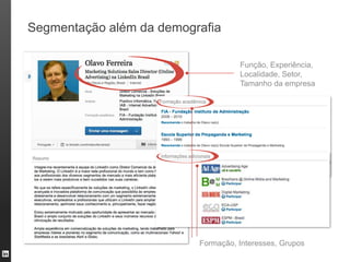 Segmentação além da demografia

                                    Função, Experiência,
                                    Localidade, Setor,
                                    Tamanho da empresa




                          Formação, Interesses, Grupos
                                                           24
 