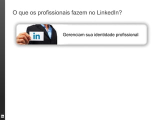 O que os profissionais fazem no LinkedIn?


                  Gerenciam sua identidade profissional
 