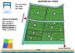 TOTAL: 2.144.653 m2
TOTAL: 1.755.827 m2
TOTAL: 1.336.105 m2
MASTERPLAN - FASES
PRAIA
ACESSO AMÉRICAS
1 2 12
11 / 10
9
8 / 7
3 / 4 5 / 6
19
20
21 / 22
23 / 24
18 / 17 16 / 15
14 13 12 / 11
10
1 / 2 3 / 4 5 / 6
7 9
8
A1
E
1
2
3
4
11 12 13 14 15 16 17 18
19 / 20
22 21 20
19
18
13 14 15 16 17
B1
B2
B
A
1
2 / 3
4
D
1
2
RA1: 710.446 m2
RA2: 625.659 m2
RA3: 419.722 m2
RA4: 388.826 m2
PLT 51.55.12915
PAL 20758
PAL 44828
ÁREAS DO BAIRRO:
 