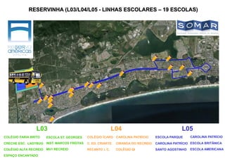 RESERVINHA (L03/L04/L05 - LINHAS ESCOLARES – 19 ESCOLAS)
L03
COLÉGIO FARIA BRITO
CRECHE ESC. LADYBUG
COLÉGIO ALFA RECREIO
ESCOLA ST. GEORGES
INST. MARCOS FREITAS
MV1 RECREIO
ESPAÇO ENCANTADO
L04
COLÉGIO ÍCARO
C. ED. CRIARTE
RECANTO I. C.
CAROLINA PATRÍCIO
CIRANDA DO RECREIO
COLÉGIO QI
L05
ESCOLA PARQUE
CAROLINA PATRÍCIO
SANTO AGOSTINHO
CAROLINA PATRÍCIO
ESCOLA BRITÂNICA
ESCOLA AMERICANA
 