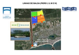 LINHAS DE BALSA (PIERS I, II, III E IV)
PRAIA POINT
RESERVA AMÉRICAS
III
IV
I
II
 