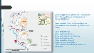 Zona núcleo: Reserva Natural de “Rincón del
Bu” y Reserva Natural de “Caídas de la
Negra” (2.386 ha)
Zona tampón: Zonas periféricas Reservas
Naturales de “Rincón del Bu” y “Caídas de la
Negra”.
Zona de transición:
Zona agrícola extensiva
Zona agrícola extensiva especial
Zona agrícola intensiva
Zona ganadero-forestal
Zonas de usos especiales
Zona de Acondicionamiento turístico y
recreativo
 