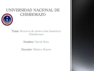 Tema: Reserva de protección faunística
Chimborazo

Nombre: David Melo
Docente: Mónica Mazon

 