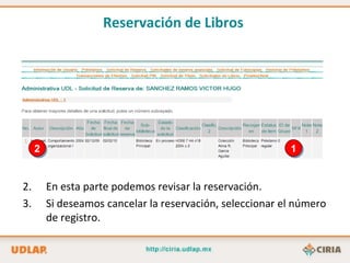 1 En esta parte podemos revisar la reservación. Si deseamos cancelar la reservación, seleccionar el número de registro. 2 Reservación de Libros   