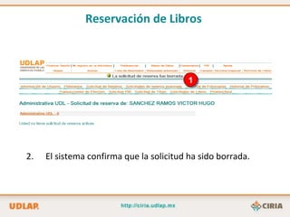 1 El sistema confirma que la solicitud ha sido borrada. Reservación de Libros   