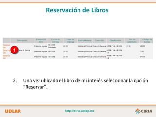 1 Una vez ubicado el libro de mi interés seleccionar la opción “Reservar”. Reservación de Libros   