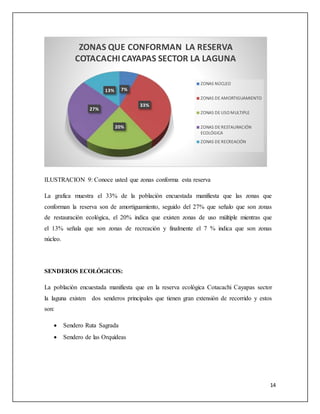 14
ILUSTRACION 9: Conoce usted que zonas conforma esta reserva
La grafica muestra el 33% de la población encuestada manifiesta que las zonas que
conforman la reserva son de amortiguamiento, seguido del 27% que señalo que son zonas
de restauración ecológica, el 20% indica que existen zonas de uso múltiple mientras que
el 13% señala que son zonas de recreación y finalmente el 7 % indica que son zonas
núcleo.
SENDEROS ECOLÓGICOS:
La población encuestada manifiesta que en la reserva ecológica Cotacachi Cayapas sector
la laguna existen dos senderos principales que tienen gran extensión de recorrido y estos
son:
 Sendero Ruta Sagrada
 Sendero de las Orquídeas
7%
33%
20%
27%
13%
ZONAS QUE CONFORMAN LA RESERVA
COTACACHICAYAPAS SECTOR LA LAGUNA
ZONAS NÚCLEO
ZONAS DE AMORTIGUAMIENTO
ZONAS DE USO MULTIPLE
ZONAS DE RESTAURACIÓN
ECOLÓGICA
ZONAS DE RECREACIÓN
 