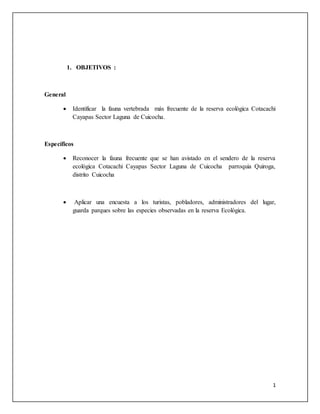 1
1. OBJETIVOS :
General
 Identificar la fauna vertebrada más frecuente de la reserva ecológica Cotacachi
Cayapas Sector Laguna de Cuicocha.
Específicos
 Reconocer la fauna frecuente que se han avistado en el sendero de la reserva
ecológica Cotacachi Cayapas Sector Laguna de Cuicocha parroquia Quiroga,
distrito Cuicocha
 Aplicar una encuesta a los turistas, pobladores, administradores del lugar,
guarda parques sobre las especies observadas en la reserva Ecológica.
 