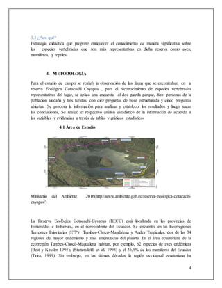 4
3.3 ¿Para qué?
Estrategia didáctica que propone enriquecer el conocimiento de manera significativa sobre
las especies vertebradas que son más representativas en dicha reserva como aves,
mamíferos, y reptiles.
4. METODOLOGÍA
Para el estudio de campo se realizó la observación de las fauna que se encontraban en la
reserva Ecológica Cotacachi Cayapas , para el reconocimiento de especies vertebradas
representativas del lugar, se aplicó una encuesta al dos guarda parque, diez personas de la
población aledaña y tres turistas, con diez preguntas de base estructurada y cinco preguntas
abiertas. Se procesa la información para analizar y establecer los resultados y luego sacar
las conclusiones, Se realizó el respectivo análisis estadístico de la información de acuerdo a
las variables y evidencias a través de tablas y gráficos estadísticos
4.1 Área de Estudio
Ministerio del Ambiente 2016(http://www.ambiente.gob.ec/reserva-ecologica-cotacachi-
cayapas/)
La Reserva Ecológica Cotacachi-Cayapas (RECC) está localizada en las provincias de
Esmeraldas e Imbabura, en el noroccidente del Ecuador. Se encuentra en las Ecorregiones
Terrestres Prioritarias (ETP)1 Tumbes-Chocó-Magdalena y Andes Tropicales, dos de las 34
regiones de mayor endemismo y más amenazadas del planeta. En el área ecuatoriana de la
ecorregión Tumbes-Chocó-Magdalena habitan, por ejemplo, 62 especies de aves endémicas
(Best y Kessler 1995); (Stattersfield, et al. 1998) y el 36,9% de los mamíferos del Ecuador
(Tirira, 1999). Sin embargo, en las últimas décadas la región occidental ecuatoriana ha
 