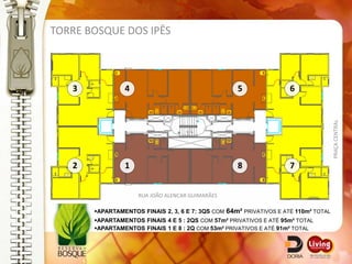 TORRE BOSQUE DOS IPÊS



   3            4                                   5                6




                                                                                     PRAÇA CENTRAL
   2            1                                   8                7


                    RUA JOÃO ALENCAR GUIMARÃES

       APARTAMENTOS FINAIS 2, 3, 6 E 7: 3QS COM 64m² PRIVATIVOS E ATÉ 110m² TOTAL
       APARTAMENTOS FINAIS 4 E 5 : 2QS COM 57m² PRIVATIVOS E ATÉ 95m² TOTAL
       APARTAMENTOS FINAIS 1 E 8 : 2Q COM 53m² PRIVATIVOS E ATÉ 91m² TOTAL
 