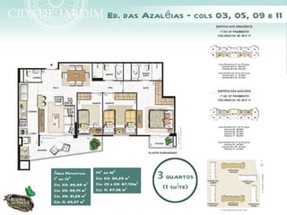 Ed. das Azaléias – cols 03, 05, 09 e 11




                   14º ao 16º
Área Privativa:
1º ao 13º          Col 03: 90,29 m²       3 quartos
Col 03: 89,88 m²
Col 05: 89,14 m²
                   Col 05 e 09: 87,43m²
                   Col 11: 87,56 m²        (1 suíte)
Col 09: 91,29 m²
Col 11: 89,27 m²
 