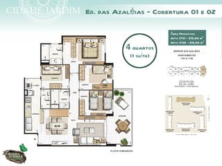 Ed. das Azaléias – Cobertura 01 e 02

                        Área Privativa:
                        Apto 1701 – 215,80 m²
                        Apto 1702 – 216,50 m²
           4 quartos
            (1 suíte)
 