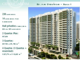 Ed . d as O rqu íd eas – Bloco 1


238 unid ad es
14 unid ad es por
pavim ento
Hall privativo para cad a
03 ou 04 unid ad es
2 Quartos Plus:
97,69
3 Quartos:
87,43 a 91 ,46 m ²
4 Quartos (3 Quartos +
reversível):
1 07,74 a 1 1 0,02 m ²
 