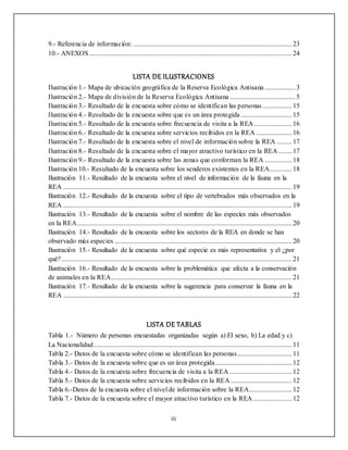 iii
9.- Referencia de información: .............................................................................................23
10.- ANEXOS.......................................................................................................................24
LISTA DE ILUSTRACIONES
Ilustración 1.- Mapa de ubicación geográfica de la Reserva Ecológica Antisana ..................3
Ilustración 2.- Mapa de división de la Reserva Ecológica Antisana ......................................5
Ilustración 3.- Resultado de la encuesta sobre cómo se identifican las personas .................15
Ilustración 4.- Resultado de la encuesta sobre que es un área protegida ..............................15
Ilustración 5.- Resultado de la encuesta sobre frecuencia de visita a la REA ......................16
Ilustración 6.- Resultado de la encuesta sobre servicios recibidos en la REA .....................16
Ilustración 7.- Resultado de la encuesta sobre el nivel de información sobre la REA .........17
Ilustración 8.- Resultado de la encuesta sobre el mayor atractivo turístico en la REA........17
Ilustración 9.- Resultado de la encuesta sobre las zonas que conforman la REA ................18
Ilustración 10.- Resultado de la encuesta sobre los senderos existentes en la REA.............18
Ilustración 11.- Resultado de la encuesta sobre el nivel de información de la fauna en la
REA ......................................................................................................................................19
Ilustración 12.- Resultado de la encuesta sobre el tipo de vertebrados más observados en la
REA ......................................................................................................................................19
Ilustración 13.- Resultado de la encuesta sobre el nombre de las especies más observados
en la REA..............................................................................................................................20
Ilustración 14.- Resultado de la encuesta sobre los sectores de la REA en donde se han
observado más especies ........................................................................................................20
Ilustración 15.- Resultado de la encuesta sobre qué especie es más representativa y el ¿por
qué?.......................................................................................................................................21
Ilustración 16.- Resultado de la encuesta sobre la problemática que afecta a la conservación
de animales en la REA..........................................................................................................21
Ilustración 17.- Resultado de la encuesta sobre la sugerencia para conservar la fauna en la
REA ......................................................................................................................................22
LISTA DE TABLAS
Tabla 1.- Número de personas encuestadas organizadas según a) El sexo, b) La edad y c)
La Nacionalidad....................................................................................................................11
Tabla 2.- Datos de la encuesta sobre cómo se identifican las personas................................11
Tabla 3.- Datos de la encuesta sobre que es un área protegida.............................................12
Tabla 4.- Datos de la encuesta sobre frecuencia de visita a la REA.....................................12
Tabla 5.- Datos de la encuesta sobre servicios recibidos en la REA....................................12
Tabla 6.-Datos de la encuesta sobre el nivel de información sobre la REA.........................12
Tabla 7.- Datos de la encuesta sobre el mayor atractivo turístico en la REA.......................12
 