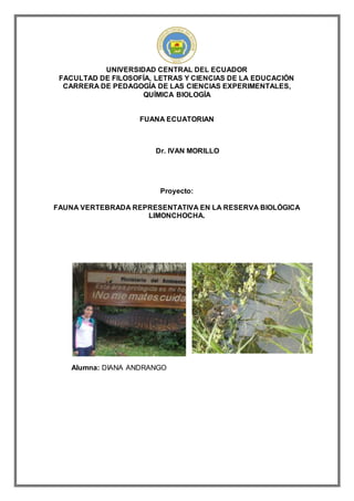 UNIVERSIDAD CENTRAL DEL ECUADOR
FACULTAD DE FILOSOFÍA, LETRAS Y CIENCIAS DE LA EDUCACIÓN
CARRERA DE PEDAGOGÍA DE LAS CIENCIAS EXPERIMENTALES,
QUÍMICA BIOLOGÍA
FUANA ECUATORIAN
Dr. IVAN MORILLO
Proyecto:
FAUNA VERTEBRADA REPRESENTATIVA EN LA RESERVA BIOLÓGICA
LIMONCHOCHA.
Alumna: DIANA ANDRANGO
 