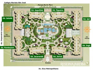 Ed. Jacarandá Ed. Flamboyant Ed. Jatobá Ed. Jequitibá Ed. Figueira Ed. Ipê Ed. Ingá Ed. Jerivá Colégio Marista São José Av. Imperatriz Leopoldina Av. Eixo Metropolitano Parque Burle Marx Sol  Nascente Sol  Poente Acesso 