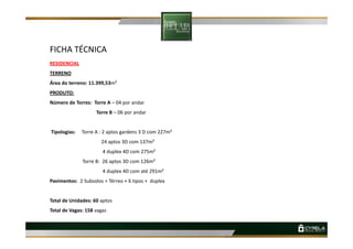 FICHA TÉCNICA
RESIDENCIAL
TERRENO
Área do terreno: 11.399,53m²
PRODUTO:
Número de Torres: Torre A – 04 por andar
Torre B – 06 por andar
Tipologias: Torre A : 2 aptos gardens 3 D com 227m²
24 aptos 3D com 137m²
4 duplex 4D com 275m²
Torre B: 26 aptos 3D com 126m²
4 duplex 4D com até 291m²
Pavimentos: 2 Subsolos + Térreo + 6 tipos + duplex
Total de Unidades: 60 aptos
Total de Vagas: 158 vagas
 