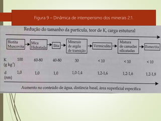 INTEMPERISMO DA MICA E LIBERAÇÃO DE K
A liberação de K nas micas é consequência de dois
processos:
1- transformação de micas com K entrecamadas para
minerais 2:1 expansivos pela redução da carga negativa e
pela troca de K por cátions hidratados;
2- dissolução das micas seguida pela recombinação dos
produtos do intemperismo.
Figura 9 – Dinâmica de intemperismo dos minerais 2:1.
 