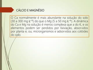 CÁLCIO E MAGNÉSIO
O Ca normalmente é mais abundante na solução do solo
(30 a 300 mg L−1
) do que o Mg (5 a 50 mg L−1
). A dinâmica
do Ca e Mg na solução é menos complexa que a do K, e os
elementos podem ser perdidos por lixiviação, absorvidos
por planta e, ou, microrganismos e adsorvidos aos colóides
do solo.
 