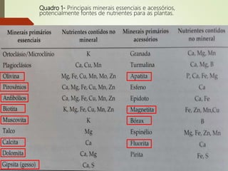Quadro 1- Principais minerais essenciais e acessórios,
potencialmente fontes de nutrientes para as plantas.
 