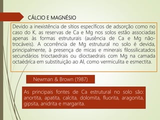 CÁLCIO E MAGNÉSIO
Devido a inexistência de sítios específicos de adsorção como no
caso do K, as reservas de Ca e Mg nos solos estão associadas
apenas às formas estruturais (ausência de Ca e Mg não-
trocáveis). A ocorrência de Mg estrutural no solo é devida,
principalmente, à presença de micas e minerais filossilicatados
secundários trioctaedrais ou dioctaedrais com Mg na camada
octaédrica em substituição ao Al, como vermiculita e esmectita.
Newman & Brown (1987)
As principais fontes de Ca estrutural no solo são:
anortita, apatita, calcita, dolomita, fluorita, aragonita,
gipsita, anidrita e margarita.
 