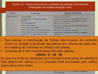 Quadro 15 – Reserva de potássio e métodos de extração normalmente
empregados em análise de argila e solo.
• Para estimar a contribuição de formas não-trocáveis do nutriente
(CKnt) na nutrição e produção das plantas em cultivos de vasos, faz-
se o balanço do nutriente no sistema solo-planta.
• Conteúdo de K não-trocável absorvido pelas plantas:
(CKnt)= C – (A – B)
Em que A e B são os conteúdos de K trocável inicial (antes do plantio) e
final (depois do cultivo) e C o conteúdo total acumulado pelo cultivo
(parte aérea mais raízes).
 