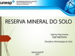 RESERVA MINERAL DO SOLO
Sabrina Nascimento
Engª Agrônoma
Disciplina: Mineralogia do Solo
Jaboticabal/SP
2017
 