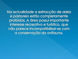 Na actualidade a extracção de areia e pastoreio estão completamente proibidos. A área possui importante interesse recreativo e turístico, que não parece incompatibilizar-se com a conservação da avifauna.  