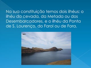 Na sua constituição temos dois ilhéus: o ilhéu da cevada, da Metada ou dos Desembarcadores, e o ilhéu da Ponta de S. Lourenço, do Farol ou de Fora.