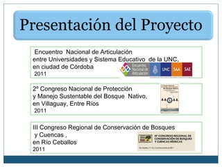 Encuentro Nacional de Articulación
entre Universidades y Sistema Educativo de la UNC,
en ciudad de Córdoba
2011

2º Congreso Nacional de Protección
y Manejo Sustentable del Bosque Nativo,
en Villaguay, Entre Ríos
2011


III Congreso Regional de Conservación de Bosques
 y Cuencas ,
en Río Ceballos
2011
 