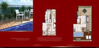 Coberturas Individuais de meio
(vazadas) com 252,32 m².
Os móveis e utensílios apresentados
são de dimensões comerciais e os objetos
de decoração não fazem parte
do contrato de aquisição.
Os móveis e utensílios apresentados
são de dimensões comerciais e os objetos
de decoração não fazem parte
do contrato de aquisição.
Exclusivas, com sala para 3 ambientes, 3 quartos sendo 1 suíte, lavabo,
área de serviço com ventilação e iluminação independente da cozinha, dependência
para empregados com banheiro, 3 vagas de garagem e toda a infraestrutura dos
apartamentos contemporâneos, inclusive instalações para ar-condicionado.
São 3 acessos independentes: social, serviços e pavimento de cobertura,
onde consta, além de uma sala, banheiro com acessos interno e externo, um terraço
descoberto com churrasqueira e um deck com piscina privativa.
PastaPre.indd 24-26 11.05.10 15:59:44
 