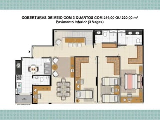 COBERTURAS DE MEIO COM 3 QUARTOS COM 216,00 OU 220,00 m²
Pavimento Inferior (3 Vagas)
 