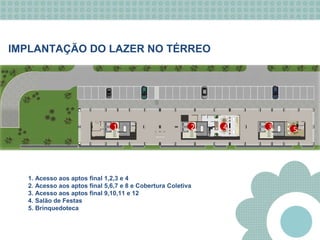 IMPLANTAÇÃO DO LAZER NO TÉRREO
1. Acesso aos aptos final 1,2,3 e 4
2. Acesso aos aptos final 5,6,7 e 8 e Cobertura Coletiva
3. Acesso aos aptos final 9,10,11 e 12
4. Salão de Festas
5. Brinquedoteca
1 2 4 53
 