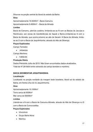 Situa-se na porção central do litoral do estado da Bahia
Área
Aproximadamente 16.500Km² - Bacia Camumu
Aproximadamente 6.400Km² - Bacia da Almada
Limites
Bacia de Camamu, planície costeira, limitando-se ao N com as Bacias de Jacuípe e
Recôncavo, por zonas de transferências de Itapoã e Barra.Limitando-se S com a
Bacia de Almada, que ocorre próximo ao alto de Itacaré. A Bacia de Almada, limitase ao S com a Bacia de Jequitinhonha, através do Alto de Olivença.
Poços Explorados
Campo Terrestre
Jiribatuba
Campo Marítimo
1-BAS-64
Produção Diária
Dados Petrobrás Julho de 2010. Não foram encontrados dados atualizados.
Total de 47.261bbl/d entre extraídos de campo terrestre e marítimo.

BACIA SEDIMENTAR JEQUITINHONHA
Localização
Localizada na porção nordeste da margem leste brasileira, litoral sul do estado da
Bahia, em frente à foz do rio Jequitinhonha.
Área
Aproximadamente 10.100Km²
Terra cerca de 600Km²
Mar cerca de 9500Km²
Limites
Litando-se a N com a Bacia de Camumu-Almada, através de Alto de Olivença e a S
com a Bacia de Cumuruxatiba
Poços Explorados
Urucutuca
Grupo Barra Nova
Mariricu
17

 