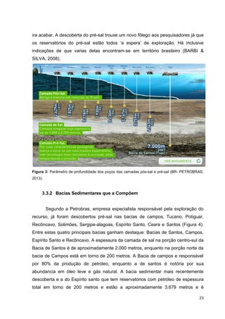ira acabar. A descoberta do pré-sal trouxe um novo fôlego aos pesquisadores já que
os reservatórios do pré-sal estão todos ‗a espera‘ de exploração. Há inclusive
indicações de que varias delas encontram-se em território brasileiro (BARBI &
SILVA, 2008).

Figura 3: Parâmetro de profundidade dos poços das camadas pós-sal e pré-sal (BR- PETROBRAS,
2013).

3.3.2 Bacias Sedimentares que a Compõem

Segundo a Petrobras, empresa especialista responsável pela exploração do
recurso, já foram descobertos pré-sal nas bacias de campos, Tucano, Potiguar,
Recôncavo, Solimões, Sergipe-alagoas, Espírito Santo, Ceara e Santos (Figura 4).
Entre estas quatro principais bacias ganham destaque: Bacias de Santos, Campos,
Espírito Santo e Recôncavo. A espessura da camada de sal na porção centro-sul da
Bacia de Santos é de aproximadamente 2.000 metros, enquanto na porção norte da
bacia de Campos está em torno de 200 metros. A Bacia de campos e responsável
por 80% da produção de petróleo, enquanto a de santos é notória por sua
abundancia em óleo leve e gás natural. A bacia sedimentar mais recentemente
descoberta e a do Espírito santo que tem reservatórios com petróleo de espessura
total em torno de 200 metros e estão a aproximadamente 3.679 metros e é
23

 