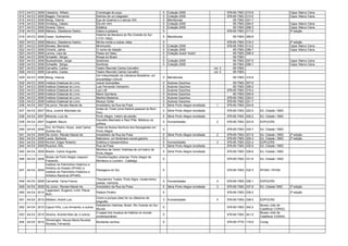 613   A4 E3   2006   Celestino, Wiliam.                   Cronologia do poço                              5   Coleção 2000                             978-85-7063-   315-6                      Capa: Marco Cena
614   A4 E3   2006   Baggio, Fernando.                    Delírios de um plagiador                        5   Coleção 2000                             978-85-7063-   312-5                      Capa: Marco Cena
615   A4 E3   2006   Moog, Vianna.                        Eça de Queirós e o século XIX                   5   Meridionais                                  85-7063-   301-7
616   A4 E3   2006   Grinberg, Cássio.                    Ela em mim                                      5   Coleção 2000                                 85-7063-   294-0                      Capa: Marco Cena
617   A4 E3   2006   Amaral, Olavo.                       Estática                                        5   Coleção 2000                                 85-7063-   298-3                      Capa: Marco Cena
618   A4 E3   2006   Mársico, Gladstone Osório.           Gatos à paisana                                 5                                            978-85-7063-   317-0                      3ª edição
                                                          História da literatura do Rio Grande do Sul
619 A4 E3 2006 Cesar, Guilhermino.                                                                        5   Meridionais                                  85-7063- 306-8
                                                          (1737-1902)
620   A4 E3   2006   Mársico, Gladstone Osório.           Minha morte e outras vidas                      5                                            978-85-7063-   316-3                      2ª edição
621   A4 E3   2006   Moraes, Bernardo.                    Minimundo                                       5   Coleção 2000                             978-85-7063-   313-2                      Capa: Marco Cena
622   A4 E3   2006   Cimenti, Jaime.                      O nome da relação                               5   Coleção 2000                                 85-7063-   296-7                      Capa: Marco Cena
623   A4 E3   2006   Lemos, Lara de.                      Passo em falso                                  5   Coleção Autor! Autor!                        85-7063-   308-4
624   A4 E3   2006   Schaefer, Sérgio.                    Rosas do Brasil                                 4                                                85-7063-
625   A4 E3   2006   Bucksdricker, Jorge.                 Solstícios                                      5   Coleção 2000                                 85-7063-   297-5                      Capa: Marco Cena
626   A4 E3   2006   Schaefer, Sérgio.                    Sombras                                         5   Coleção 2000                                 85-7063-   299-1                      Capa: Marco Cena
627   A4 E3   2006   Carvalho, Carlos.                    Teatro Reunido Carlos Carvalho                                                      vol. 3       85-7063-
628   A4 E3   2006   Carvalho, Carlos.                    Teatro Reunido Carlos Carvalho                                                      vol. 4       85-7063-
                                                          Um interpretação da Literatura Brasileira: um
629 A4 E3 2006 Moog, Vianna.                                                                              5   Meridionais                                  85-7063- 310-6
                                                          arquipélago cultural
630   A4 E3   2006   Instituto Estadual do Livro.         Josué Guimarães                                 5   Autores Gaúchos                              85-7063-   307-6
631   A4 E3   2006   Instituto Estadual do Livro.         Luis Fernando Verissimo                         5   Autores Gaúchos                              85-7063-   309-2
632   A4 E3   2006   Instituto Estadual do Livro.         Lya Luft                                        5   Autores Gaúchos                          978-85-7063-   319-4
633   A4 E3   2006   Instituto Estadual do Livro.         Mario Quintana                                  5   Autores Gaúchos                              85-7063-   300-9
634   A4 E3   2006   Instituto Estadual do Livro.         Martha Medeiros                                 5   Autores Gaúchos                          978-85-7063-   320-0
635   A4 E3   2006   Instituto Estadual do Livro.         Moacyr Scliar                                   5   Autores Gaúchos                          978-85-7063-   321-7
636   A4 E4   2007   Sá junior, Renato Maciel de.         Anedotário da Rua da Praia                      5   Série Porto Alegre revisitada     1      978-85-7063-   324-8
                                                          Antes do Túnel (uma história pessoal do Bom
637 A4 E4 2007 Silva, Juremir Machado da.                                                                 5   Série Porto Alegre revisitada            978-85-7063- 325-5     Ed. Cidade / SMC
                                                          Fim)
638 A4 E4 2007 Miranda, Luiz de.                          Porto Alegre, roteiro da paixão                 5   Série Porto Alegre revisitada            978-85-7063- 326-2     Ed. Cidade / SMC
                                                          Dyonélio Machado e Raul Pilla: Médicos na
639 A4 E4 2007 Gaglietti, Mauro.                                                                          5   Humanidades                       2      978-85-7063- 323-8     EDPUCRS
                                                          política
                     Oro, Ari Pedro; Anjos, José Carlos   Festa de Nossa Senhora dos Navegantes em
640 A4 E4 2008                                                                                            5                                            978-85-7063- 334-7     Ed. Cidade / SMC
                     Gomes dos.                           Porto Alegre
641   A4 E4   2008   Sá Júnior, Renato Maciel de.         Anedotário da Rua da Praia                      5   Série Porto Alegre revisitada     2      978-85-7063-   327-9   Ed. Cidade / SMC   2ª edição
642   A4 E4   2008   Lessa, Barbosa.                      Nativismo: um fenômeno social gaúcho            5                                            978-85-7063-   329-3   Ed. Cidade / SMC   2ª edição
643   A4 E4   2009   Kirchof, Edgar Roberto.              Estética e biossemiótica                        5   Humanidades                       3      978-85-7063-   322-4   EDPUCRS
644   A4 E4   2009   Ruschel, Nilo.                       Rua da Praia                                    5   Série Porto Alegre revisitada            978-85-7063-   330-9   Ed. Cidade / SMC
                                                          Moinhos de Vento: histórias de um bairro de
645 A4 E4 2009 Bissón, Carlos Augusto.                                                                    5   Série Porto Alegre revisitada            978-85-7063- 328-6     Ed. Cidade / SMC
                                                          Porto Alegre
               Museu de Porto Alegre Joaquim              Transformações urbanas: Porto Alegre de
646 A4 E4 2009                                                                                            5                                            978-85-7063- 331-6     Ed. Cidade / SMC
               Felizardo.                                 Montaury a Loureiro - Catálogo
               Instituto do Patrimônio Histórico e
               Artístico do Estado (IPHAE) e
647 A4 E4 2009                                            Paisagens do Sul                                5                                            978-85-7063- 332-3     IPHAN / IPHAE
               Instituto do Patrimônio Histórico e
               Artístico Nacional (IPHAN).
                                                          Theodemiro Tostes: Porto Algre, modernismo,
648 A4 E4 2009 Carvalhal, Tania Franco.                                                                   5   Humanidades                       4      978-85-7063- 336-1     EDPUCRS
                                                          poesia, memória
649 A4 E4 2009 Sá Júnior, Renato Maciel de.               Anedotário da Rua da Praia                      5   Série Porto Alegre revisitada     3      978-85-7063- 337-8     Ed. Cidade/ SMC    3ª edição
               Lagemann, Eugenio; Licht, Flávia
650 A4 E4 2010                                            Palácio Piratini.                               5                                            978-85-7063- 339-2                        3ª edição
               Boni.
                                                    Como e porque (des) ler os clássicos da
651 A4 E4 2010 Mitidieri, André Luis.                                                                     3   Humanidades                       5      978-85-7063- 338-5     EDPUCRS
                                                    biografia
                                                    Debatendo histórias: Brasil, Rio Grande do Sul,                                                                           Museu Júlio de
652 A4 E4 2010 Capra Filho, Luiz Armando; e outros.                                                       5                                            978-85-7063- 342-2
                                                    Mundo                                                                                                                     Castilhos/ CORAG
                                                    O papel dos museus de história no mundo                                                                                   Museu Júlio de
653 A4 E4 2010 Silveira, Andréa Reis da; e outros.                                                        5                                            978-85-7063- 341-5
                                                    contemporâneo                                                                                                             Castilhos/ CORAG
               Stimamiglio, Neusa Maria Roveda;
654 A4 E4 2010                                      Bordando sonhos                                       5                                            978-85-7770- 118-6     Corag
               Roveda, Fernando.
 