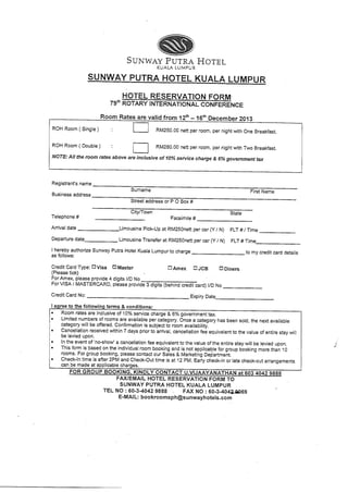 Hotel Reservation Form : 79th Rotary International Conference (12-16 Dec 2013) (Sunway Putra Hotel) 