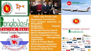 Public and Private Jobs
• Bangladesh Civil Service
• Civil Aviation Authority of
Bangladesh
• Bangladesh Parjatan
Corporation
• BangladeshTourism Board
• Biman Bangladesh Airlines
• Faculty, Universities & Colleges
• Destination Management
organization
• Public & Private Banks
• Multinational Companies
• Event Management Firms
• ExclusiveTourist Zone
 