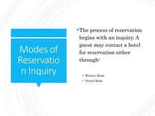 Modes of
Reservatio
n Inquiry
The process of reservation
begins with an inquiry. A
guest may contact a hotel
for reservation either
through:
 Written Mode
 Verbal Mode
 