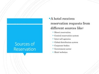 Sources of
Reservation
A hotel receives
reservation requests from
different sources like:
 Direct reservation
 Central reservation system
 Inter-sell agencies
 Global distribution system
 Corporate bodies
 Government sector
 Hotel websites
 