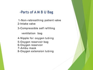 1-Non-rebreathing patient valve
2-Intake valve
3-Compressible self refilling
ventilation bag
4-Nipple for oxygen tubing
5-Oxygen reservoir bag
6-Oxygen reservoir
7-Ambu mask
8-Oxygen extension tubing
-Parts of A M B U Bag
 
