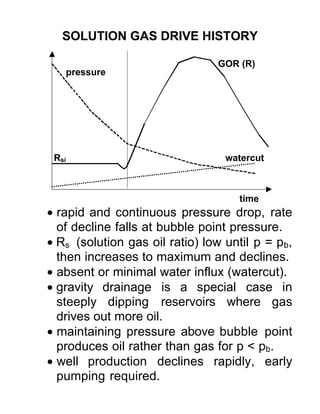 SOLUTION GAS DRIVE HISTORY
• rapid and continuous pressure drop, rate
of decline falls at bubble point pressure.
• Rs (solution gas oil ratio) low until p = pb,
then increases to maximum and declines.
• absent or minimal water influx (watercut).
• gravity drainage is a special case in
steeply dipping reservoirs where gas
drives out more oil.
• maintaining pressure above bubble point
produces oil rather than gas for p < pb.
• well production declines rapidly, early
pumping required.
watercut
GOR (R)
pressure
time
Rsi
 