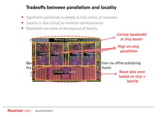 Tradeoffs between parallelism and locality

        • Significant parallelism is needed to fully utilize all resources
        • Locality is also critical to minimize communication
        • Parallelism can come at the expense of locality
                                                                         Limited bandwidth
                                                                           at chip border
                                                                             High on-chip
                                                                              parallelism

        •• Our approach: R-Stream compiler exposes parallelism via affine scheduling
           that simultaneously augments locality using loop fusion
                                                                              Reuse data once
                                                                             loaded on chip =
                                                                                  locality




Reservoir Labs   Harvard 04/12/2011
 