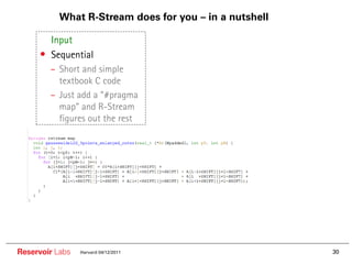 What R-Stream does for you – in a nutshell

     •• Input
     • Sequential
        – Short and simple
          textbook C code
        – Just add a “#pragma
          map” and R-Stream
          figures out the rest




Reservoir Labs   Harvard 04/12/2011                     30
 