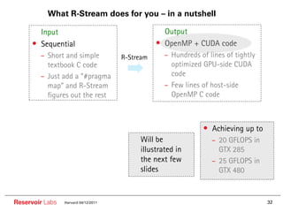 What R-Stream does for you – in a nutshell

     •• Input                                    •• Output
     • Sequential                                • OpenMP + CUDA code
        – Short and simple            R-Stream     – Hundreds of lines of tightly
          textbook C code                            optimized GPU-side CUDA
        – Just add a “#pragma                        code
          map” and R-Stream                        – Few lines of host-side
          figures out the rest                       OpenMP C code



                                                               • Achieving up to
                                           Will be                – 20 GFLOPS in
                                           illustrated in           GTX 285
                                           the next few           – 25 GFLOPS in
                                           slides                   GTX 480



Reservoir Labs   Harvard 04/12/2011                                                 32
 